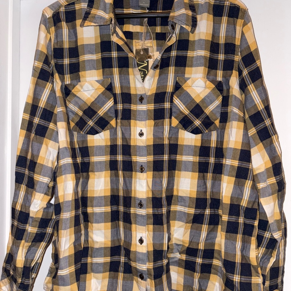 Natural Reflections Women's Plaid Button Down Shirt in Amber Gold